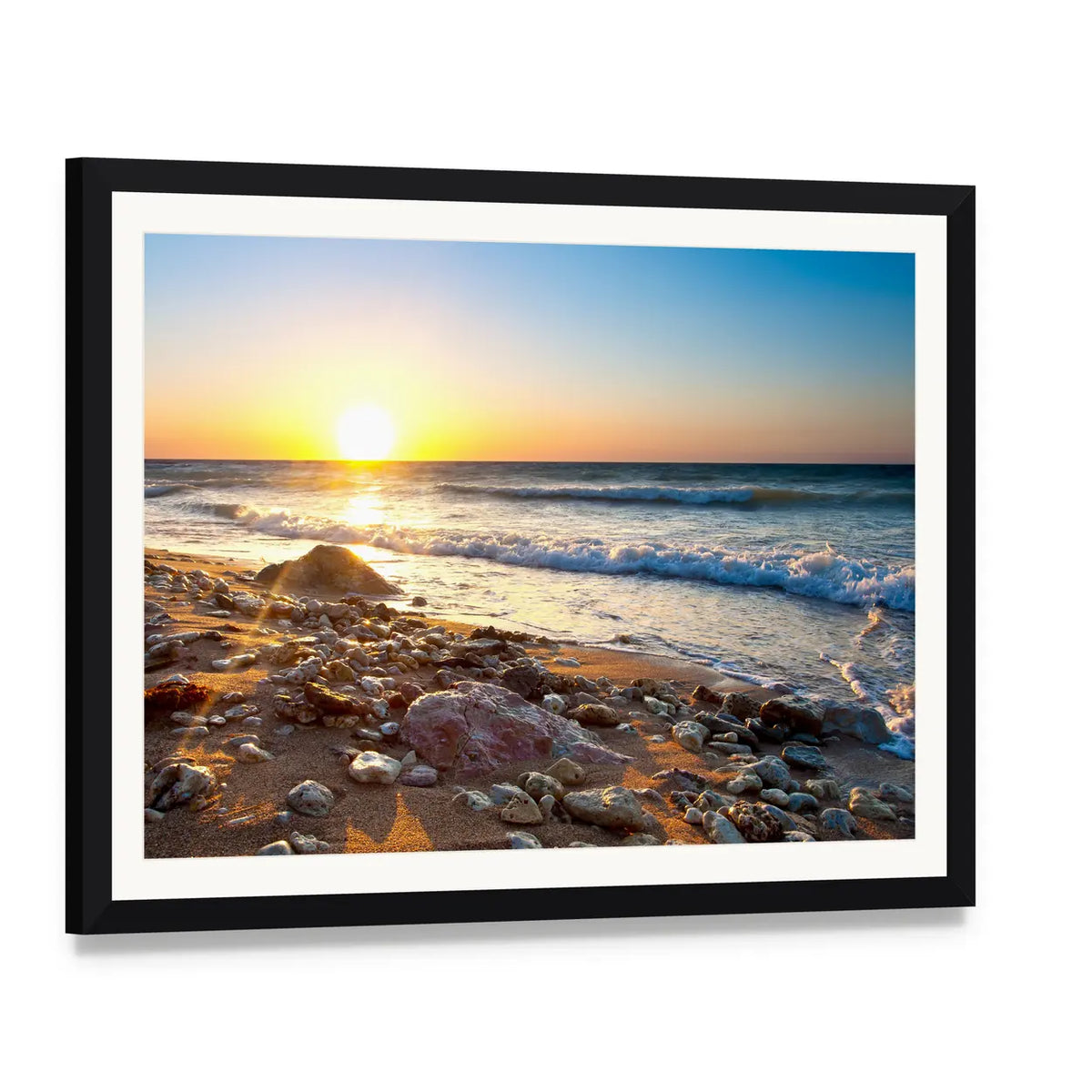 Sunset Seascape with Pebble Shore Canvas Wall Art, framed print with white mat and black frame, angled product view