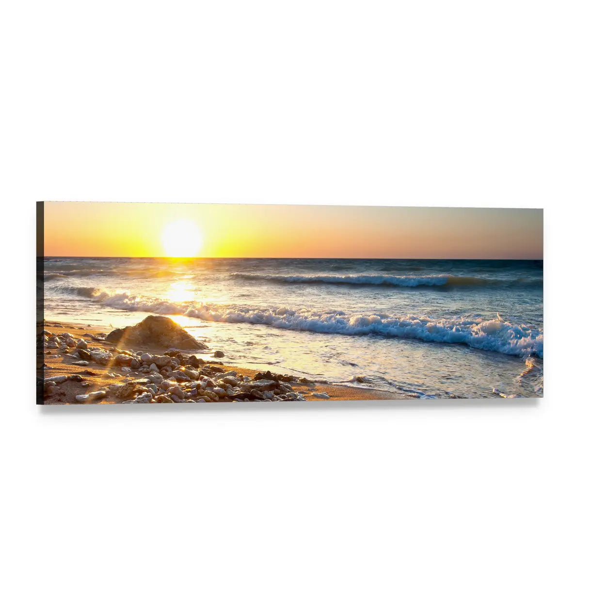 Sundown Seascape Over Rocky Shore Panoramic Canvas Wall Art, single panel gallery wrapped canvas, angled product view