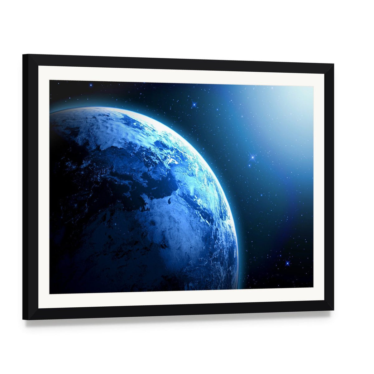 View of Planet from Space Canvas Wall Art, framed print with white mat and black frame, angled product view