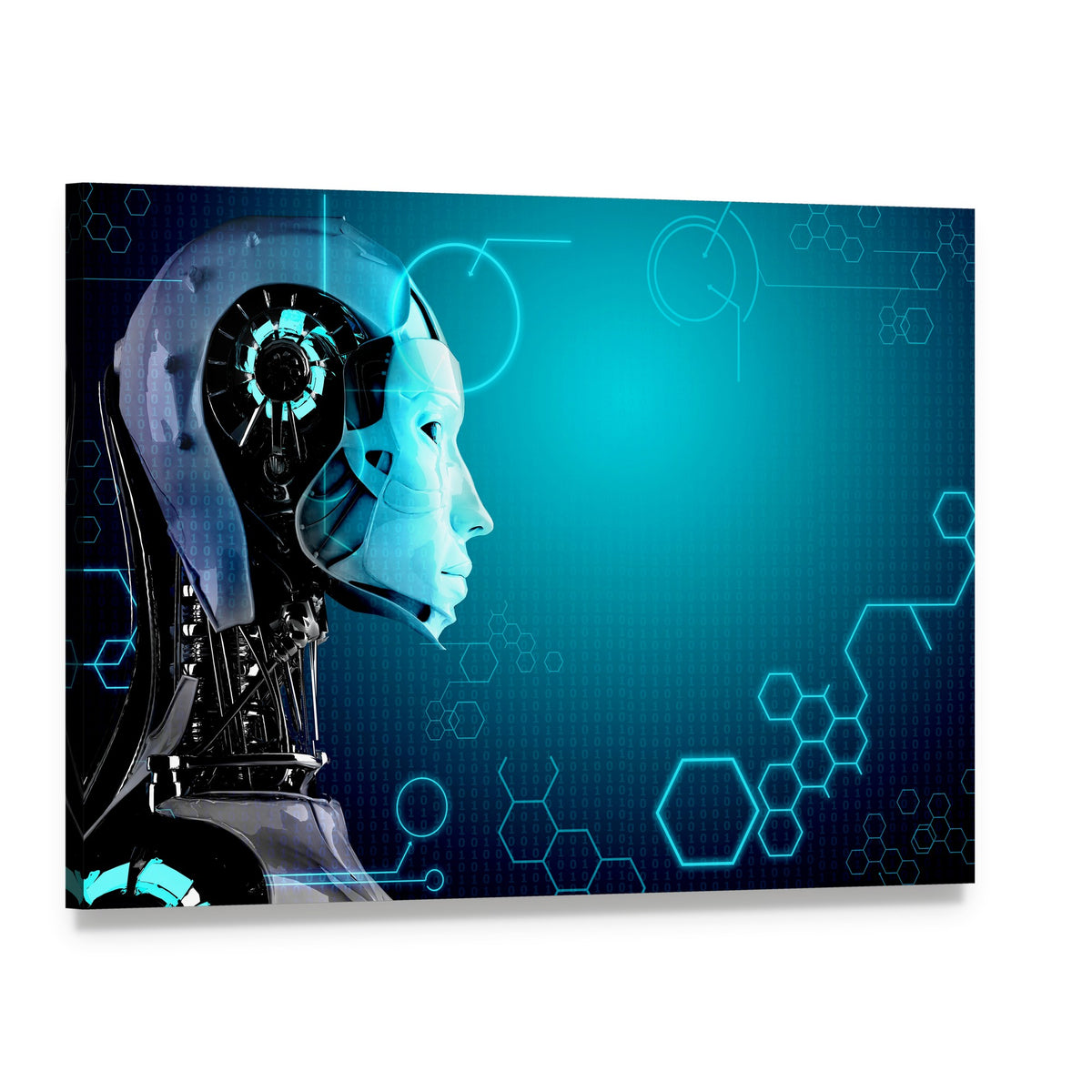 Transparent Robot Head with Blue Circuitry Canvas Wall Art, single panel gallery wrapped canvas, angled product view