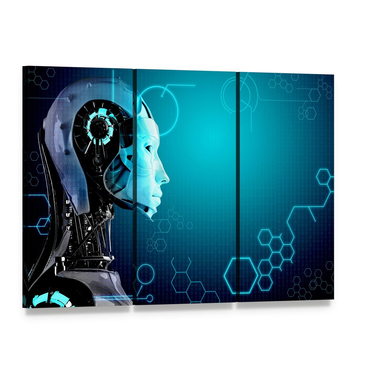 Transparent Robot Head with Blue Circuitry Canvas Wall Art, 3 panel 3 Horizontal layout gallery wrapped canvas set, angled product view