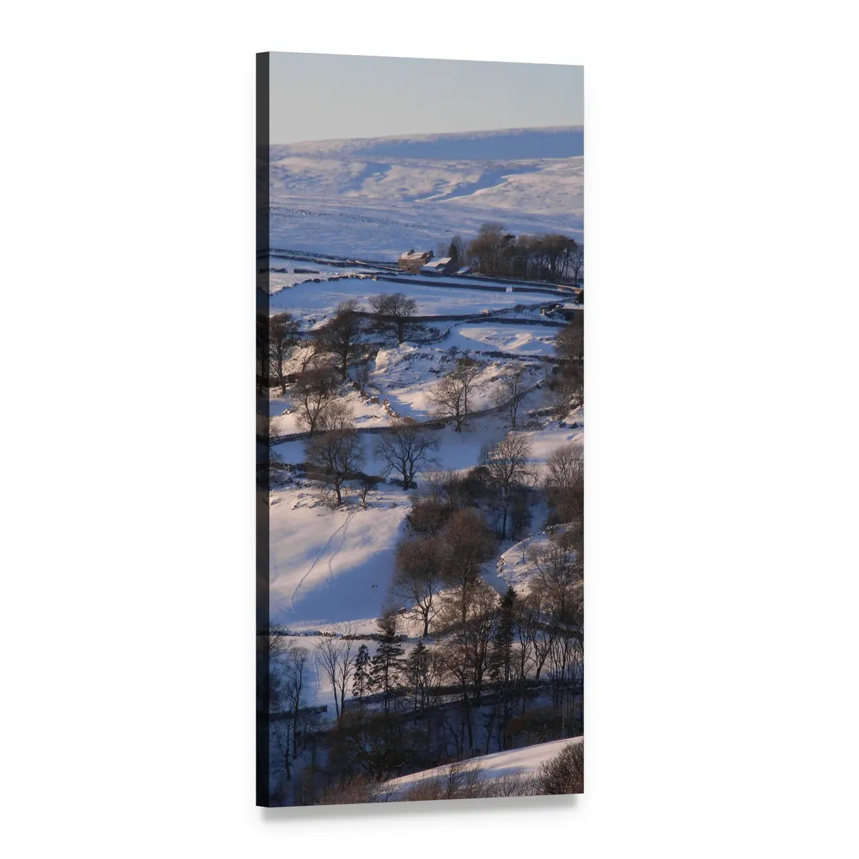 Snowy Hills with Leafless Trees and Stone Walls Vertical Canvas Wall Art, 1 panel 1 Vertical layout gallery wrapped canvas set, angled product view