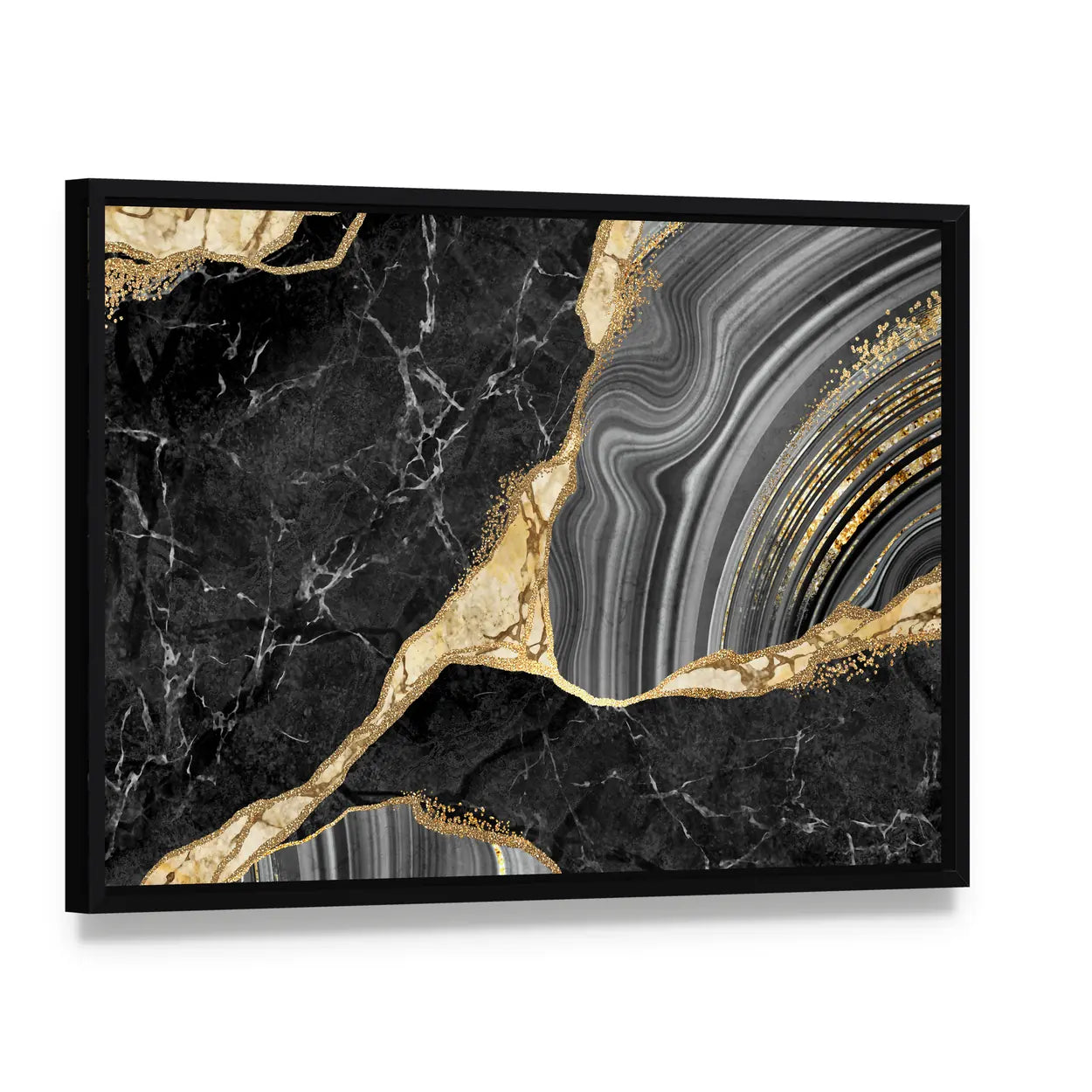 Gold-flecked Marble and Agate Texture Canvas Wall Art, framed canvas in a black floater frame, angled product view