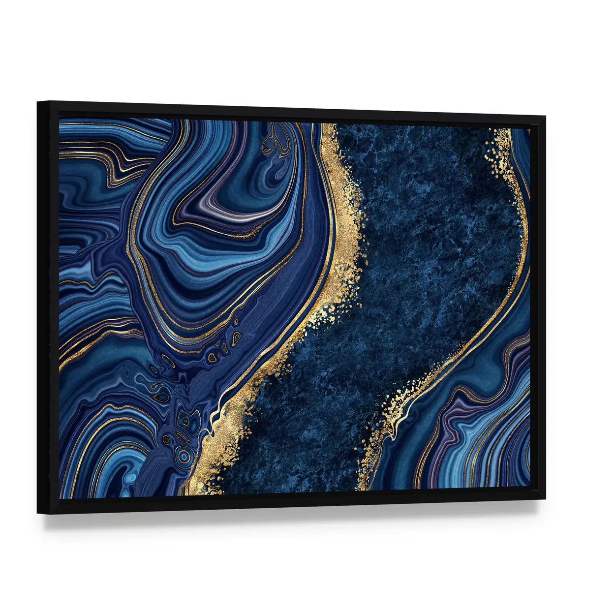 Blue Agate with Gold Veins Canvas Wall Art, framed canvas in a black floater frame, angled product view