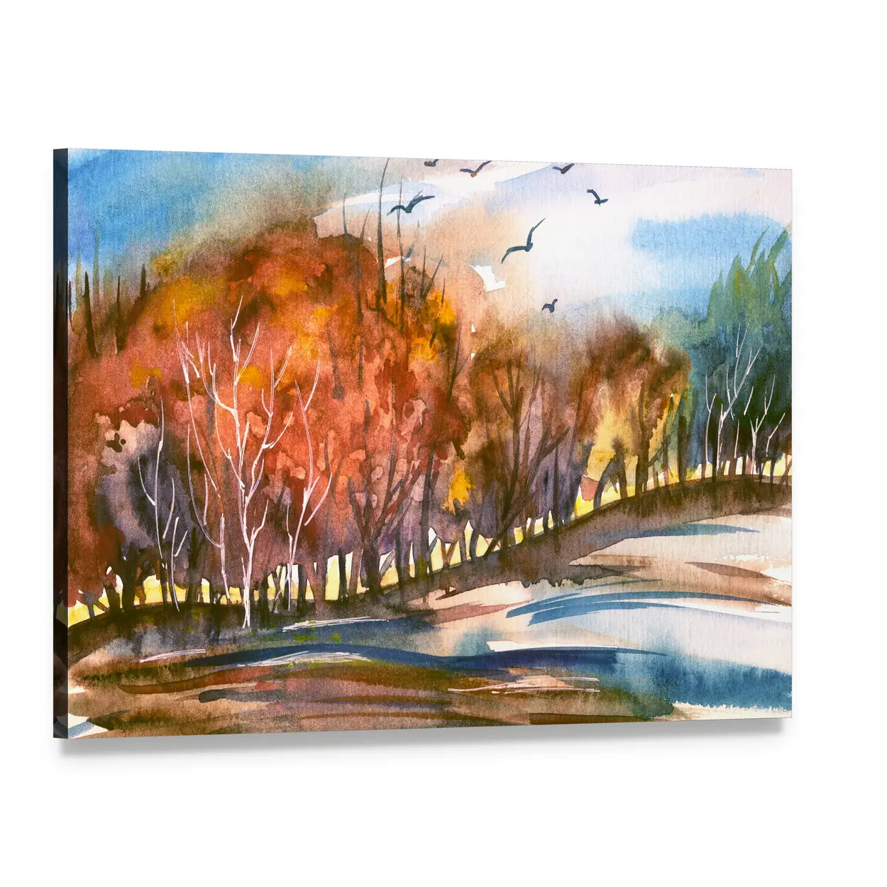 Autumn Lakeside Tree Line Canvas Wall Art, single panel gallery wrapped canvas, angled product view