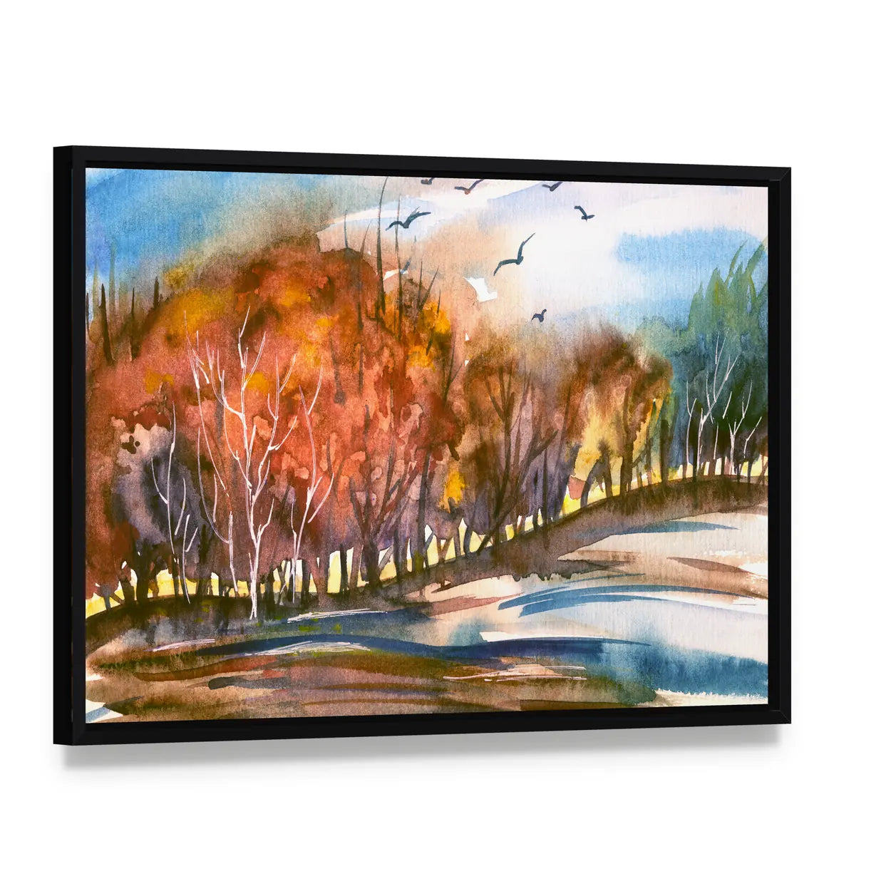 Autumn Lakeside Tree Line Canvas Wall Art, framed canvas in a black floater frame, angled product view