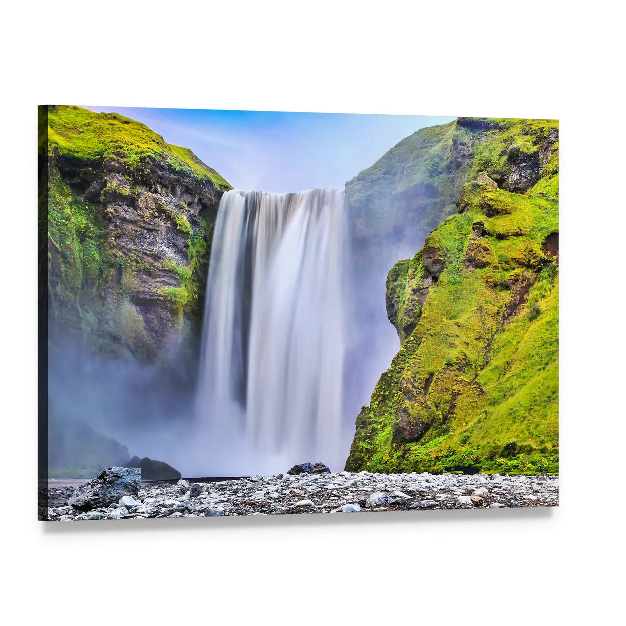 Skogafoss Waterfall with Mossy Cliffs Canvas Wall Art, single panel gallery wrapped canvas, angled product view