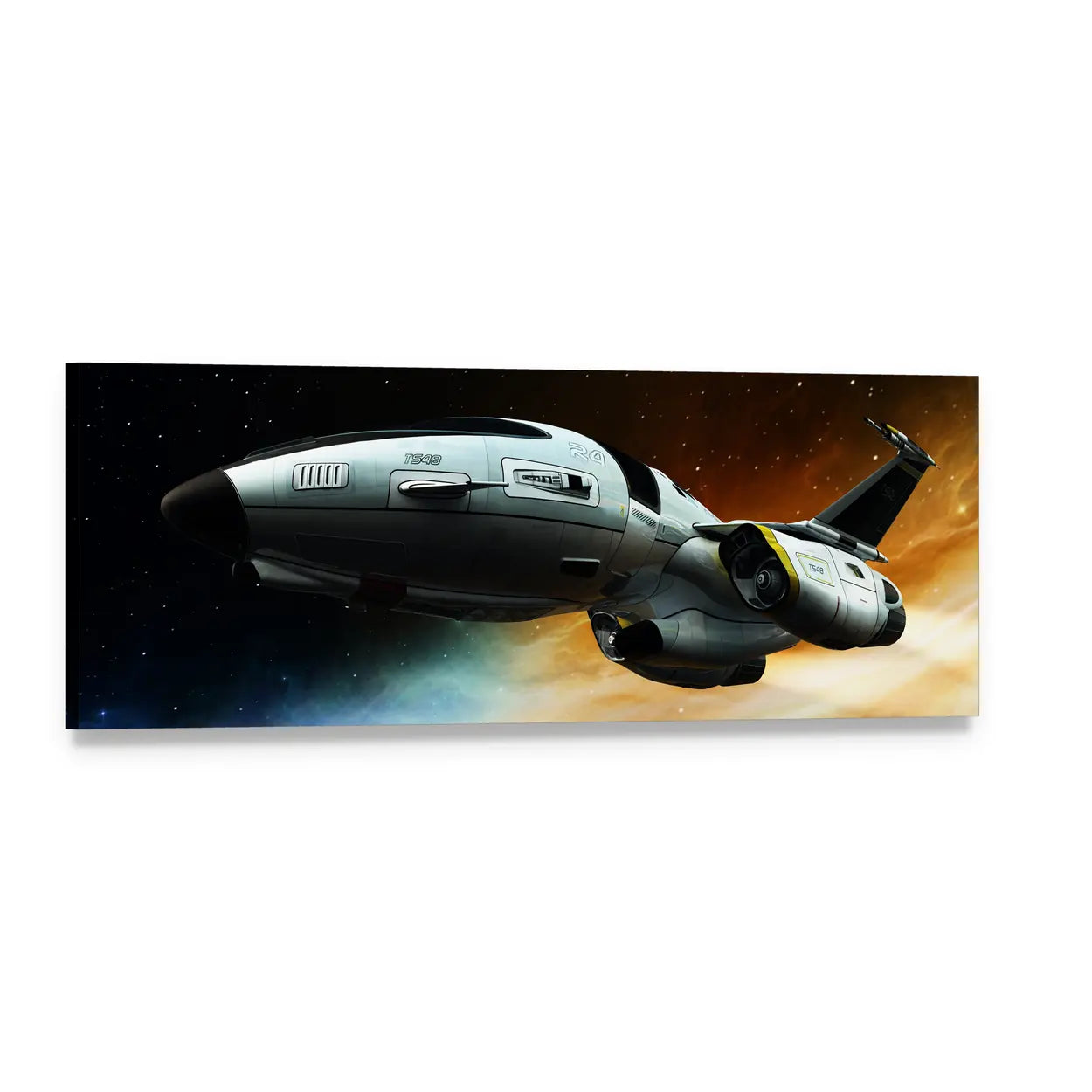 Futuristic Spaceship in Colorful Nebula Panoramic Canvas Wall Art, single panel gallery wrapped canvas, angled product view