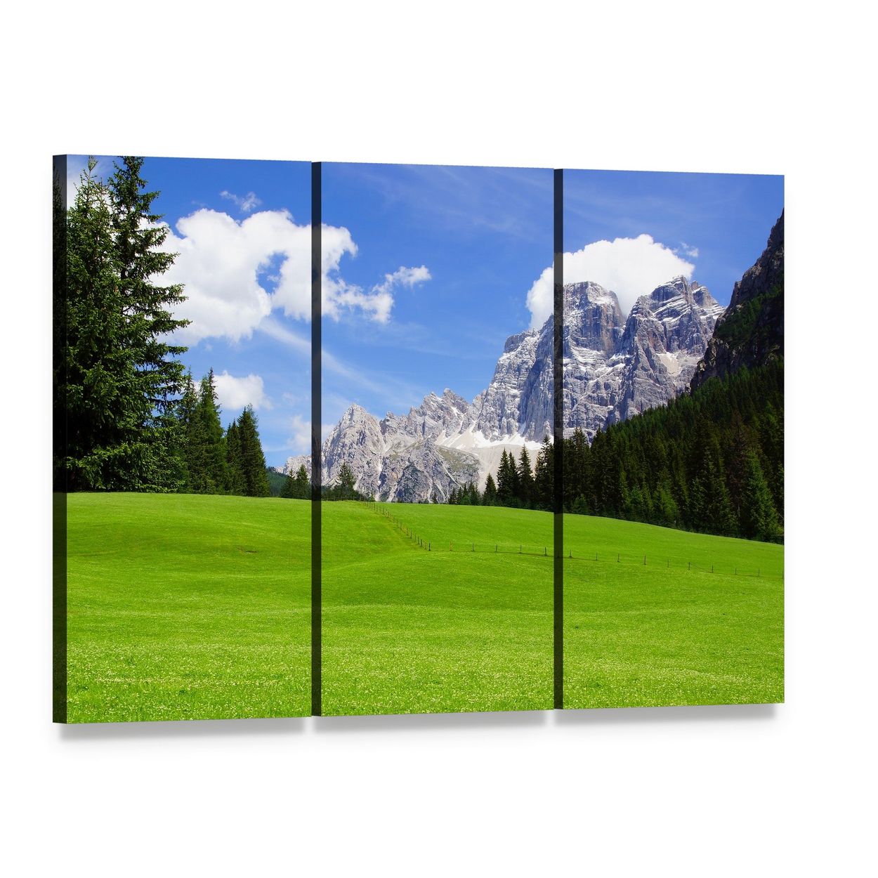 Dolomites Landscape Italy Canvas Wall Art, 3 panel 3 Horizontal layout gallery wrapped canvas set, angled product view