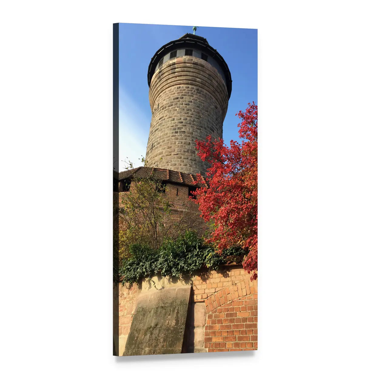 Stone Tower with Red Autumn Leaves Vertical Canvas Wall Art, 1 panel 1 Vertical layout gallery wrapped canvas set, angled product view