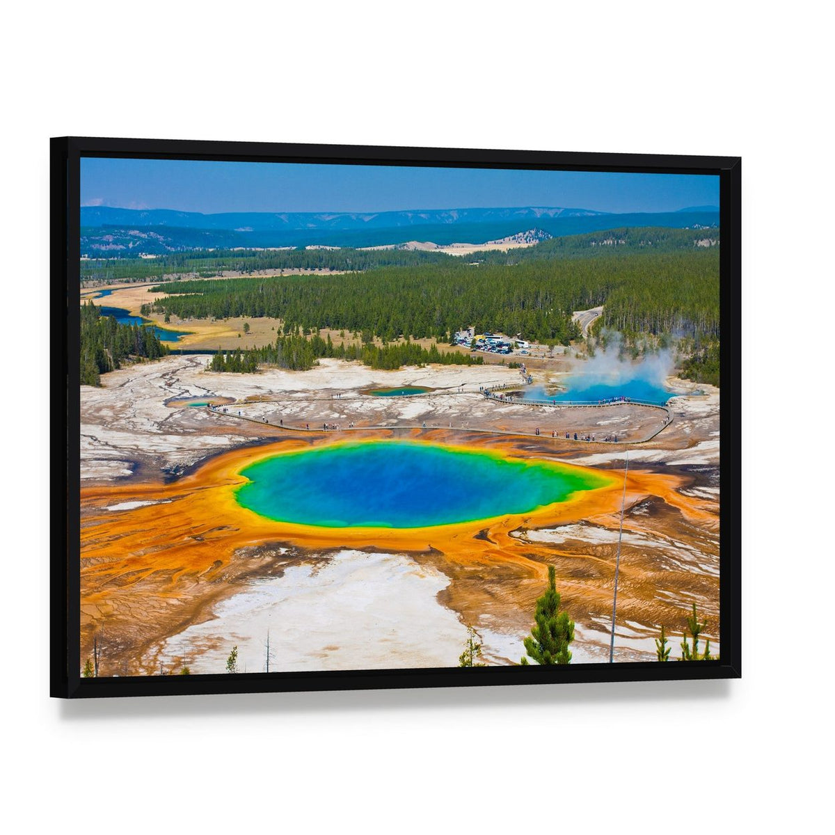 Grand Prismatic Spring Canvas Wall Art, framed canvas in a black floater frame, angled product view