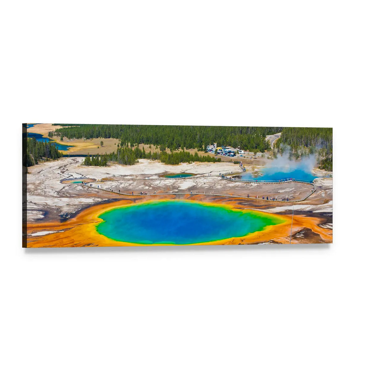 Grand Prismatic Spring, Yellowstone National Park Panoramic Canvas Wall Art, single panel gallery wrapped canvas, angled product view