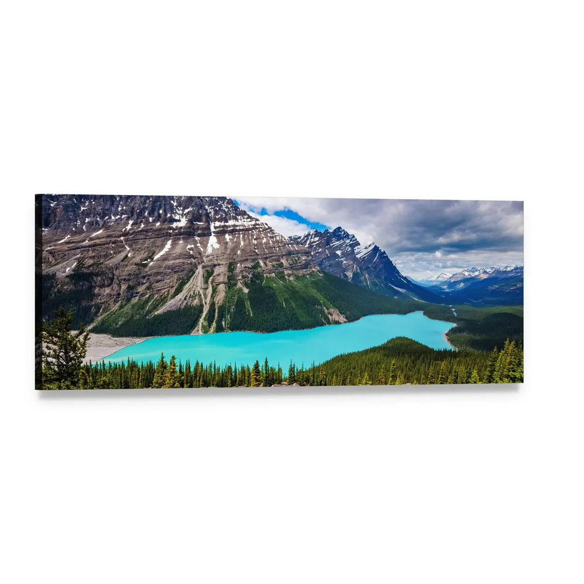 Peyto Lake, Alberta Turquoise View Panoramic Canvas Wall Art, single panel gallery wrapped canvas, angled product view