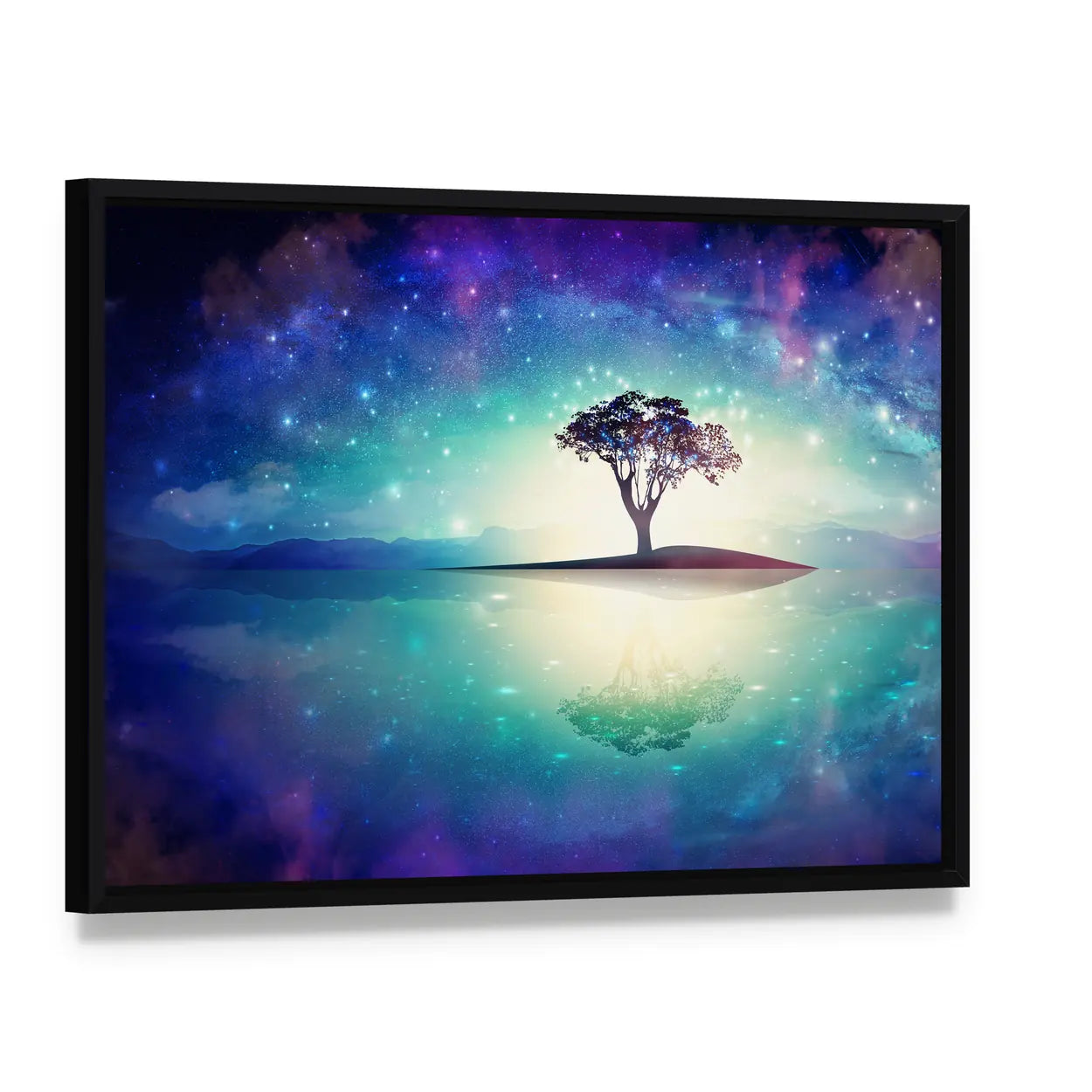 Meditation Tree Under Stars Canvas Wall Art, framed canvas in a black floater frame, angled product view