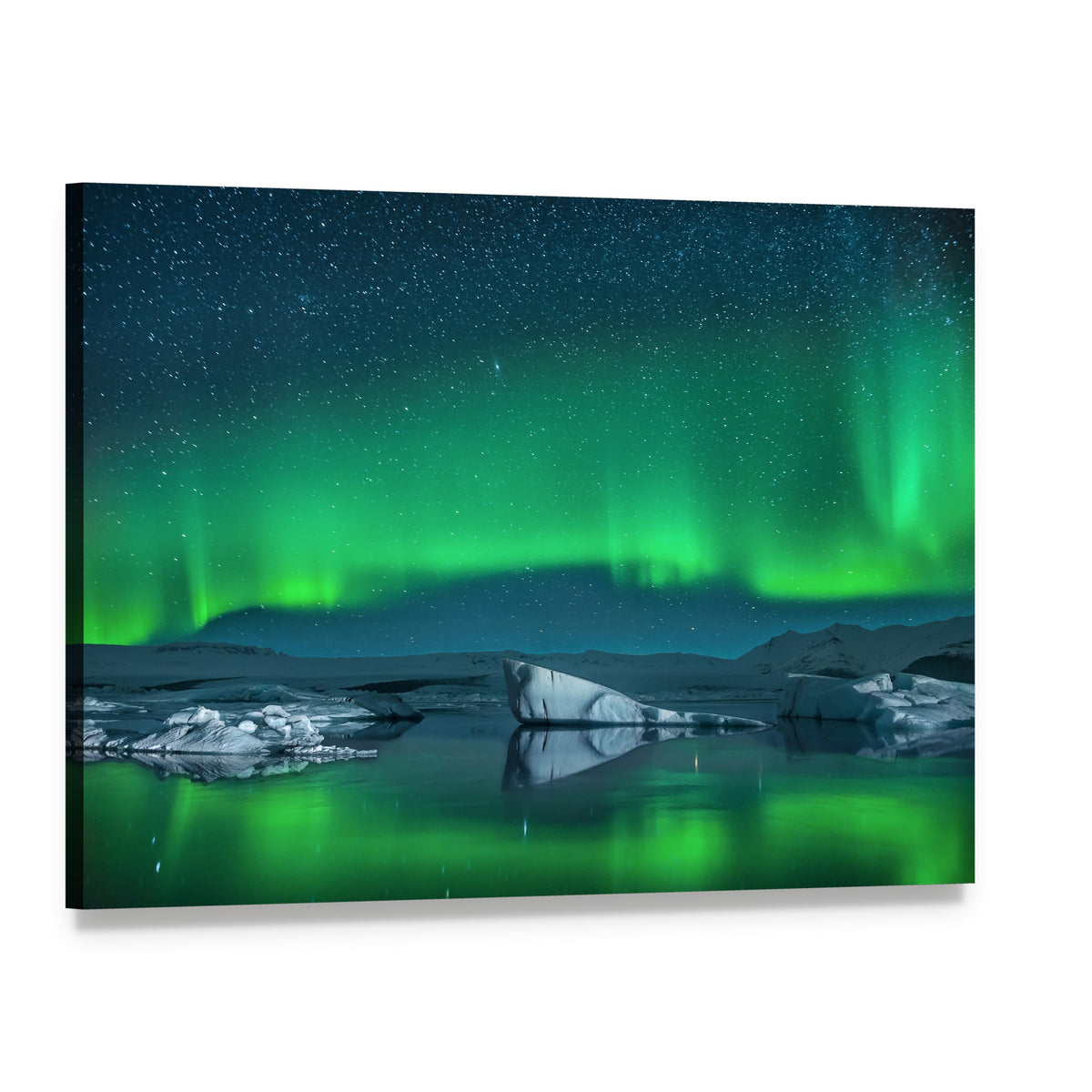 Icebergs Under Northern Lights Canvas Wall Art, single panel gallery wrapped canvas, angled product view