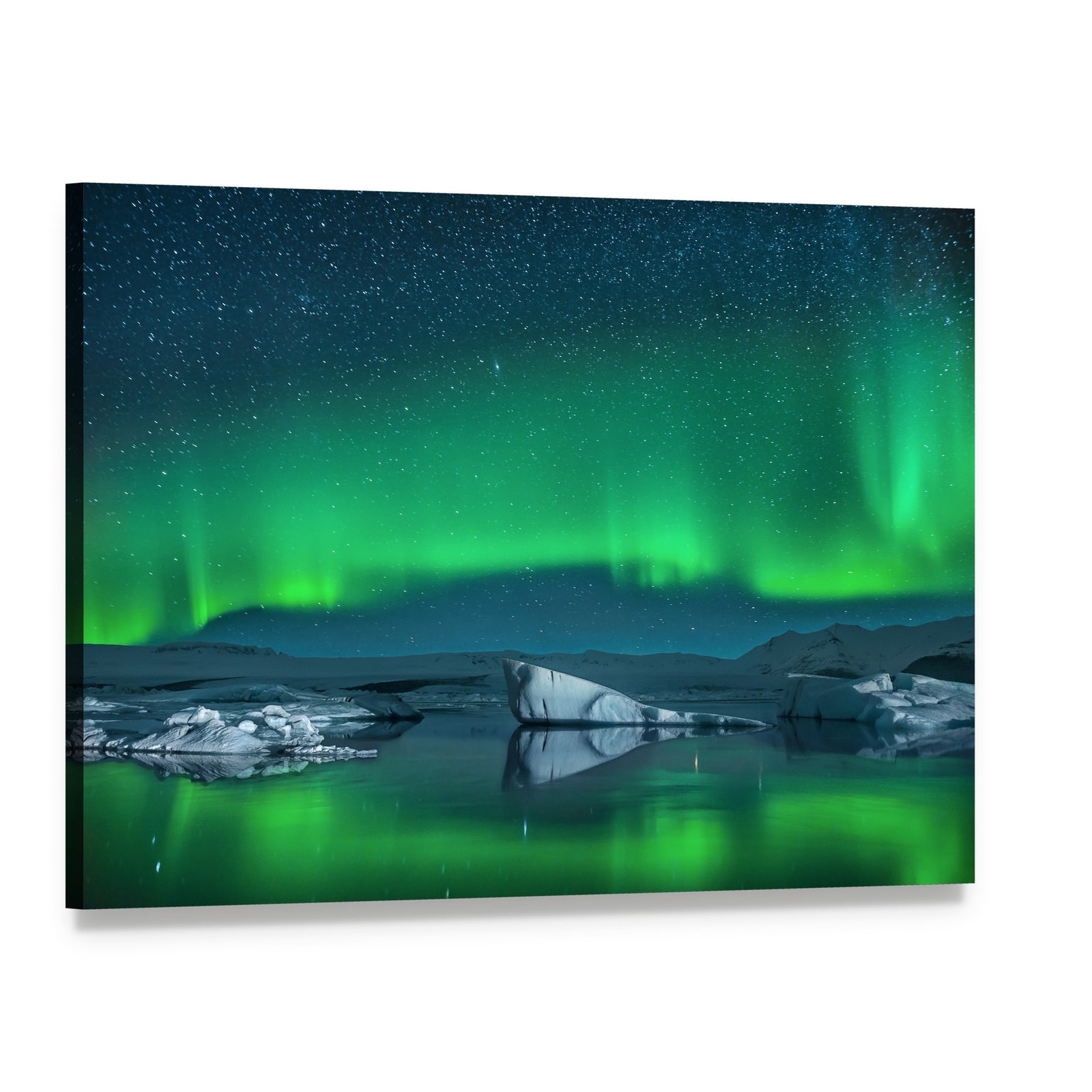 Icebergs Under Northern Lights Canvas Wall Art, single panel gallery wrapped canvas, angled product view