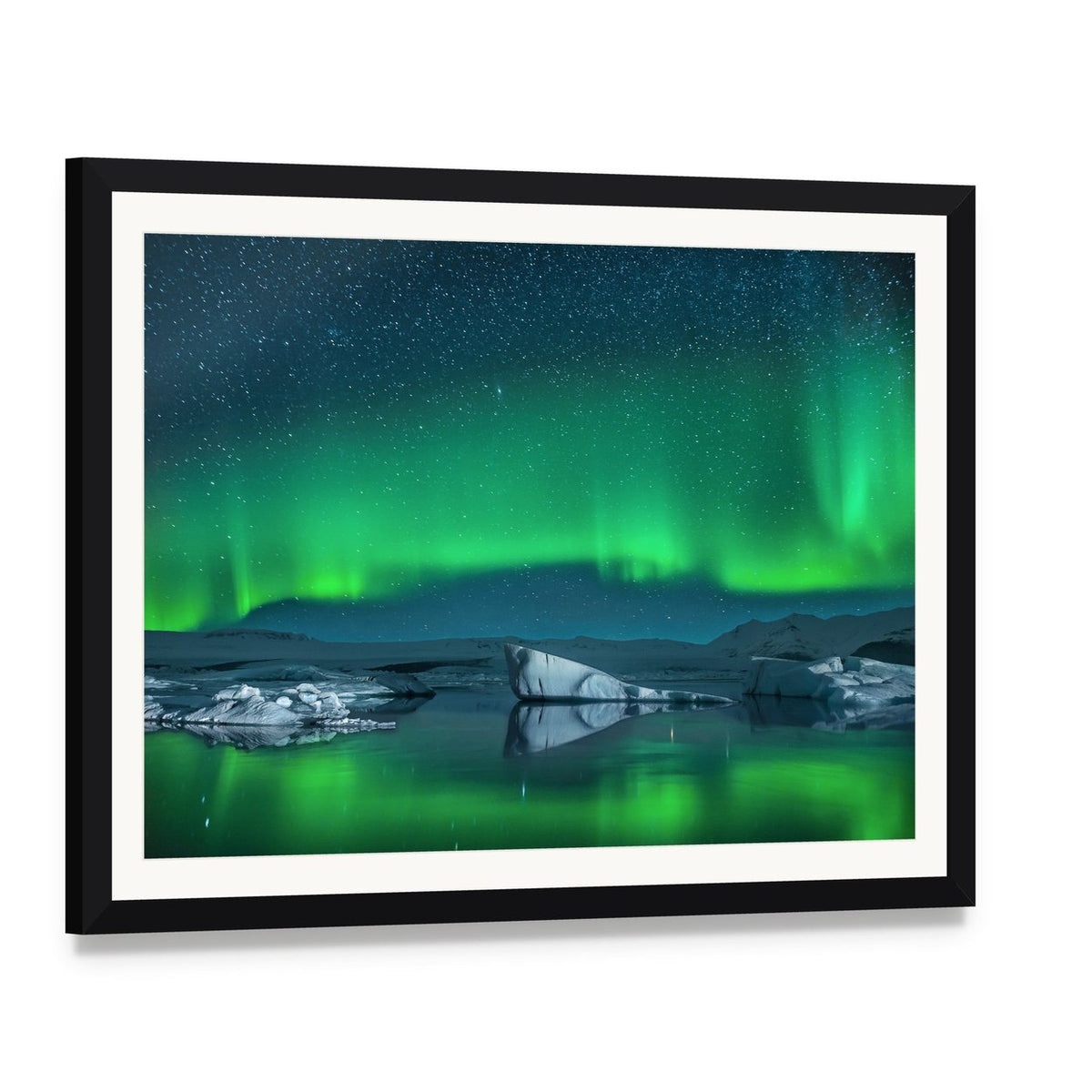 Icebergs Under Northern Lights Canvas Wall Art, framed print with white mat and black frame, angled product view