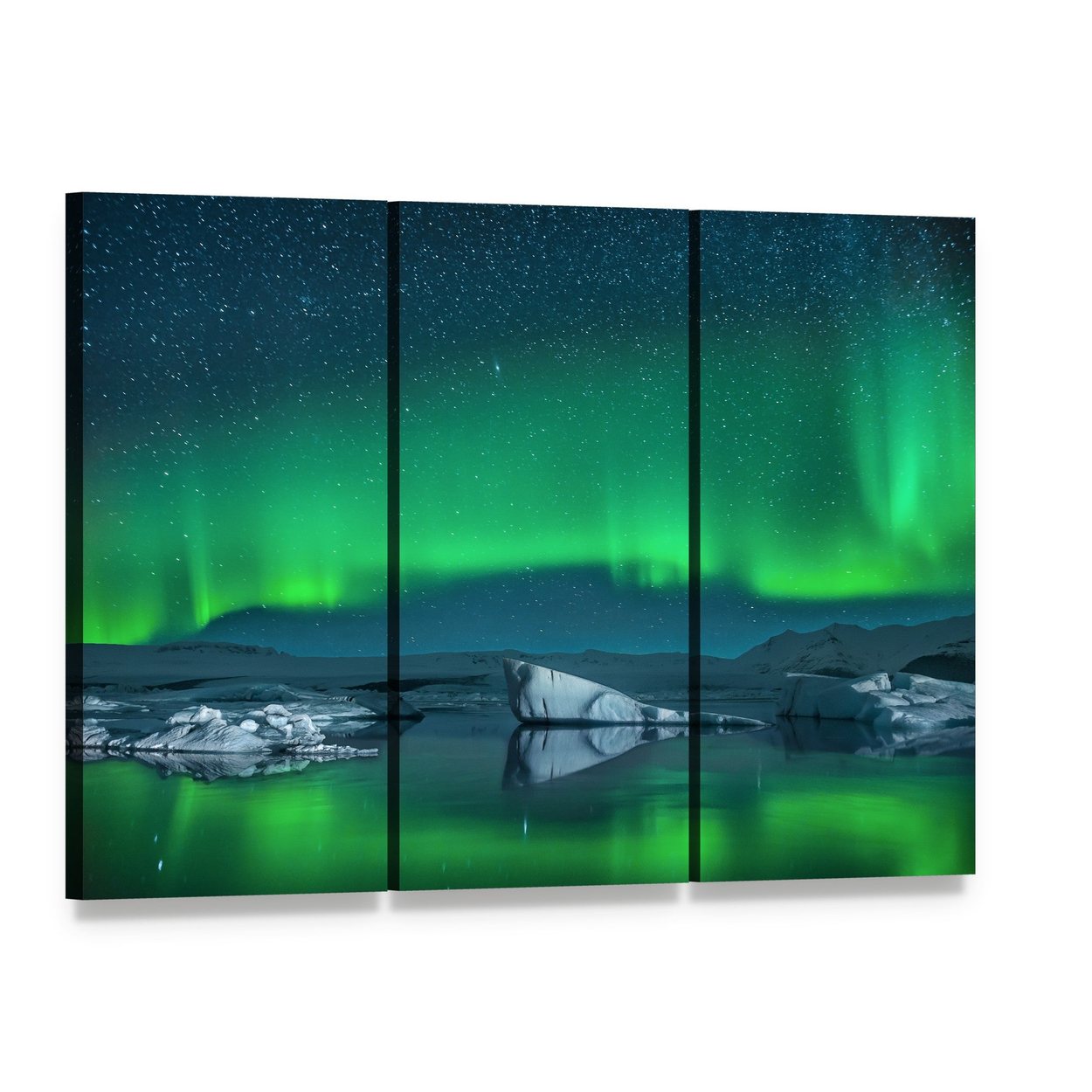 Icebergs Under Northern Lights Canvas Wall Art, 3 panel 3 Horizontal layout gallery wrapped canvas set, angled product view