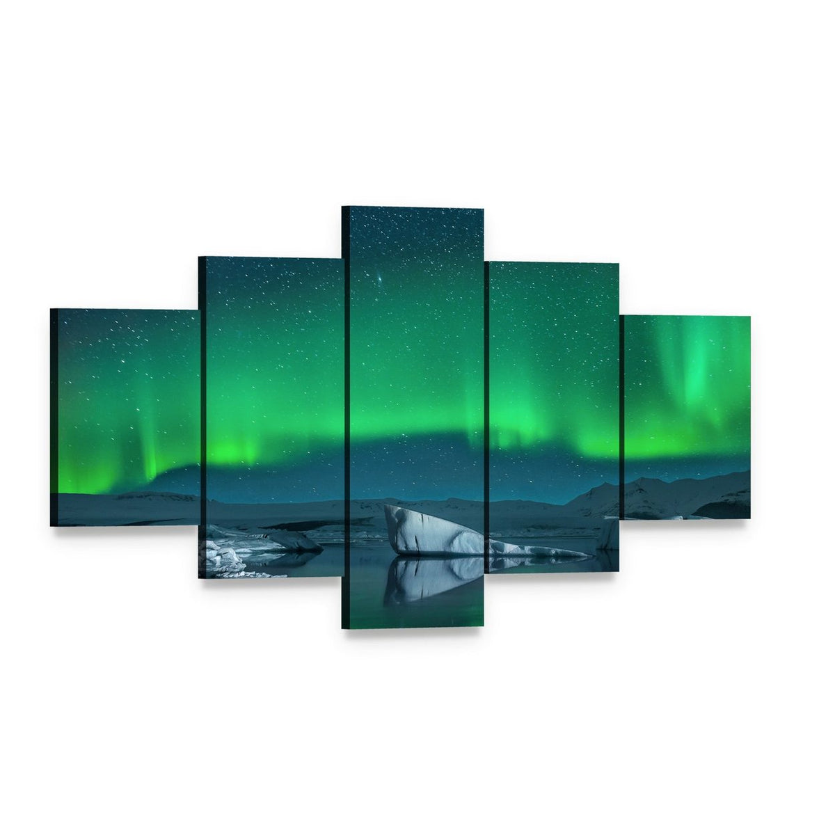 Icebergs Under Northern Lights Canvas Wall Art, 5 panel 5 Star layout gallery wrapped canvas set, angled product view
