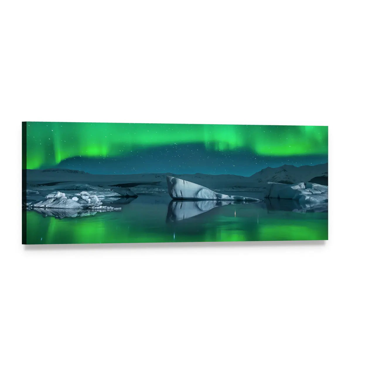 Icebergs Under Northern Lights Panoramic Canvas Wall Art, single panel gallery wrapped canvas, angled product view