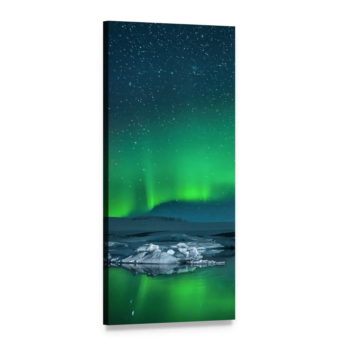Icebergs Under Northern Lights Vertical Canvas Wall Art, 1 panel 1 Vertical layout gallery wrapped canvas set, angled product view