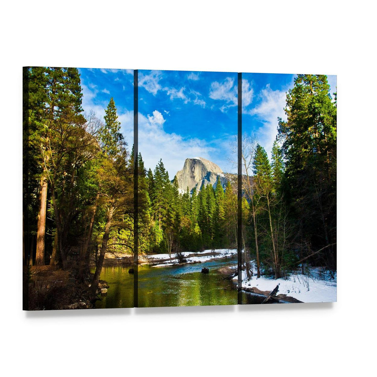 Half Dome Reflected in Yosemite Lake Canvas Wall Art, 3 panel 3 Horizontal layout gallery wrapped canvas set, angled product view