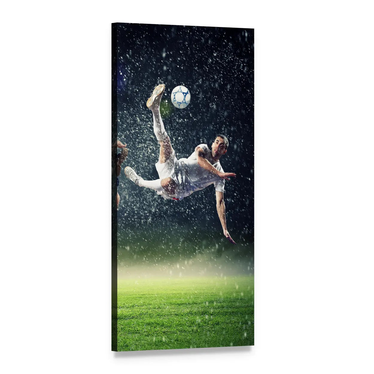 Mid-air Bicycle Kick Soccer Player Vertical Canvas Wall Art, 1 panel 1 Vertical layout gallery wrapped canvas set, angled product view