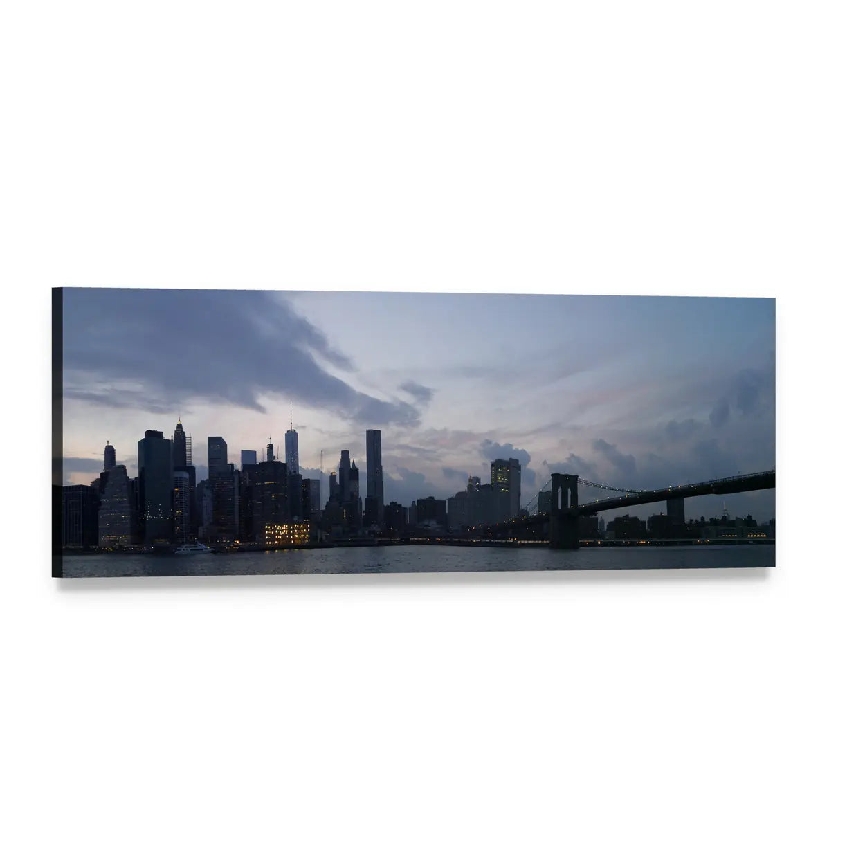 Manhattan Skyline with Brooklyn Bridge Panoramic Canvas Wall Art, single panel gallery wrapped canvas, angled product view