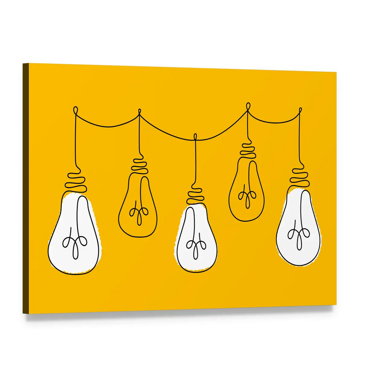 Five Light Bulbs Line on Yellow Canvas Wall Art, single panel gallery wrapped canvas, angled product view