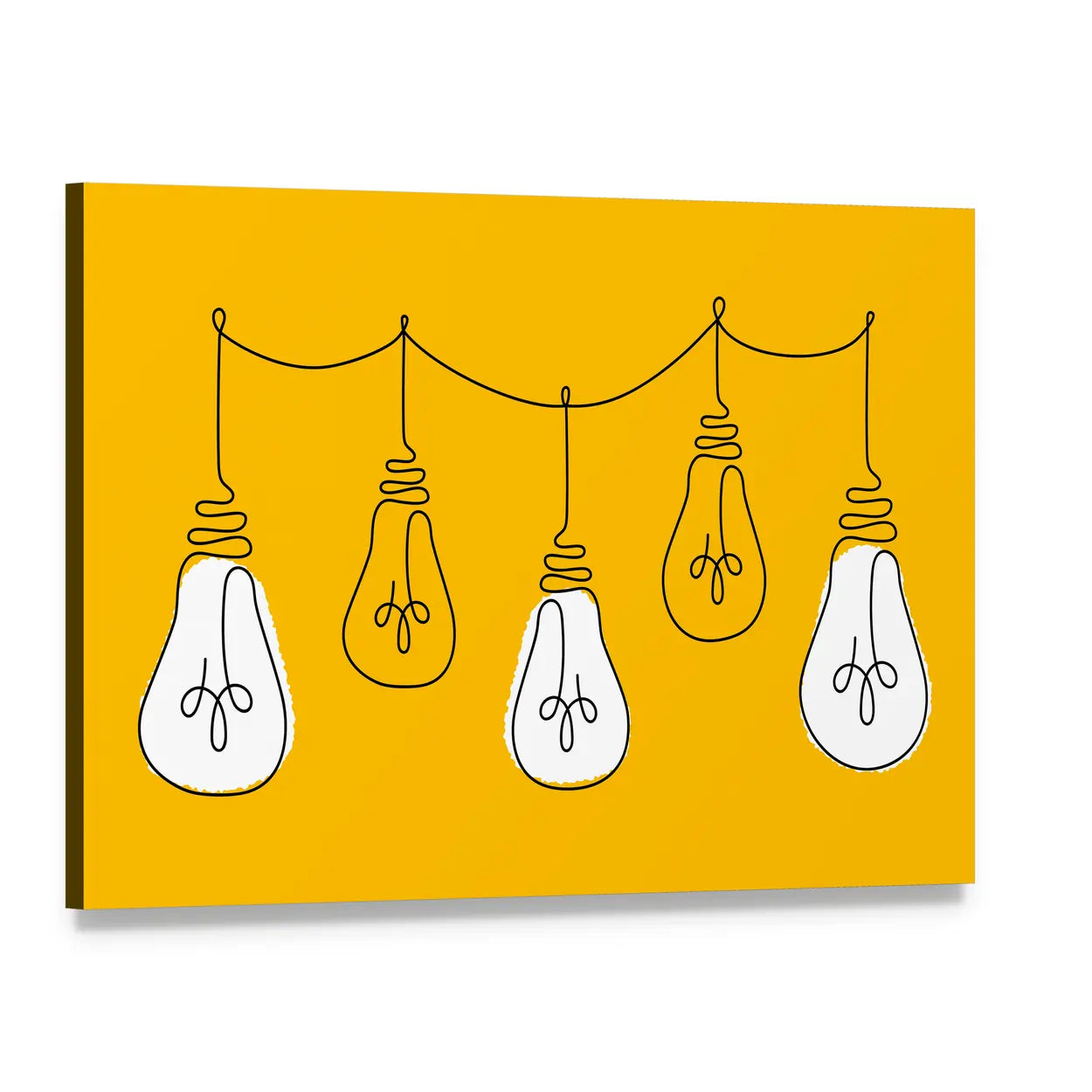 Five Light Bulbs Line on Yellow Canvas Wall Art, single panel gallery wrapped canvas, angled product view