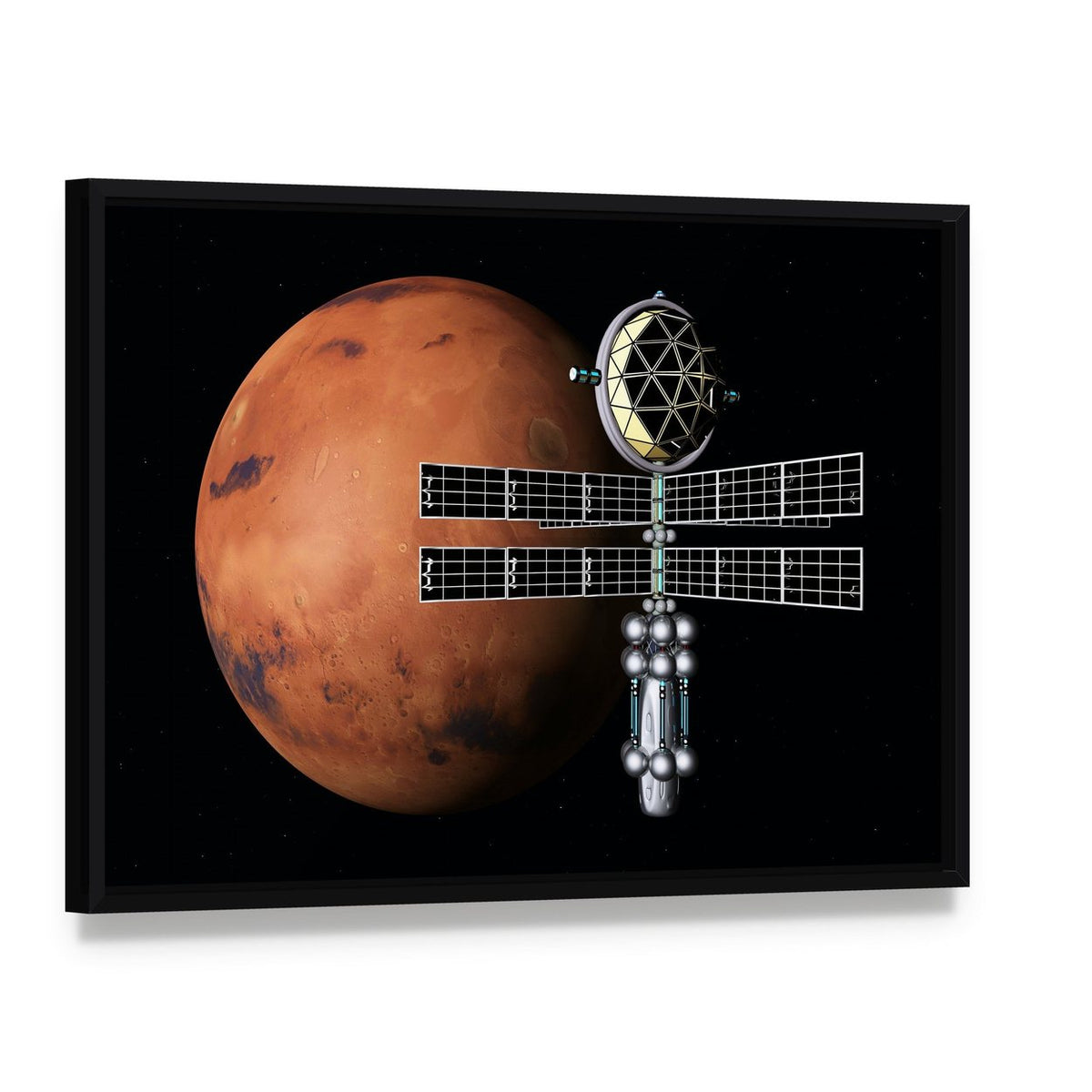 Mars with Space Probe Canvas Wall Art, framed canvas in a black floater frame, angled product view