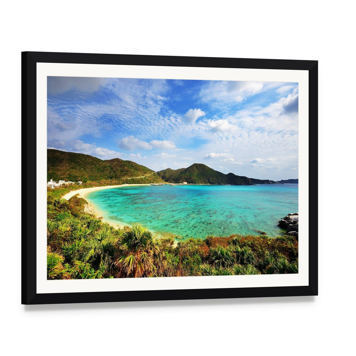Aharen Beach Seascape Canvas Wall Art, framed print with white mat and black frame, angled product view
