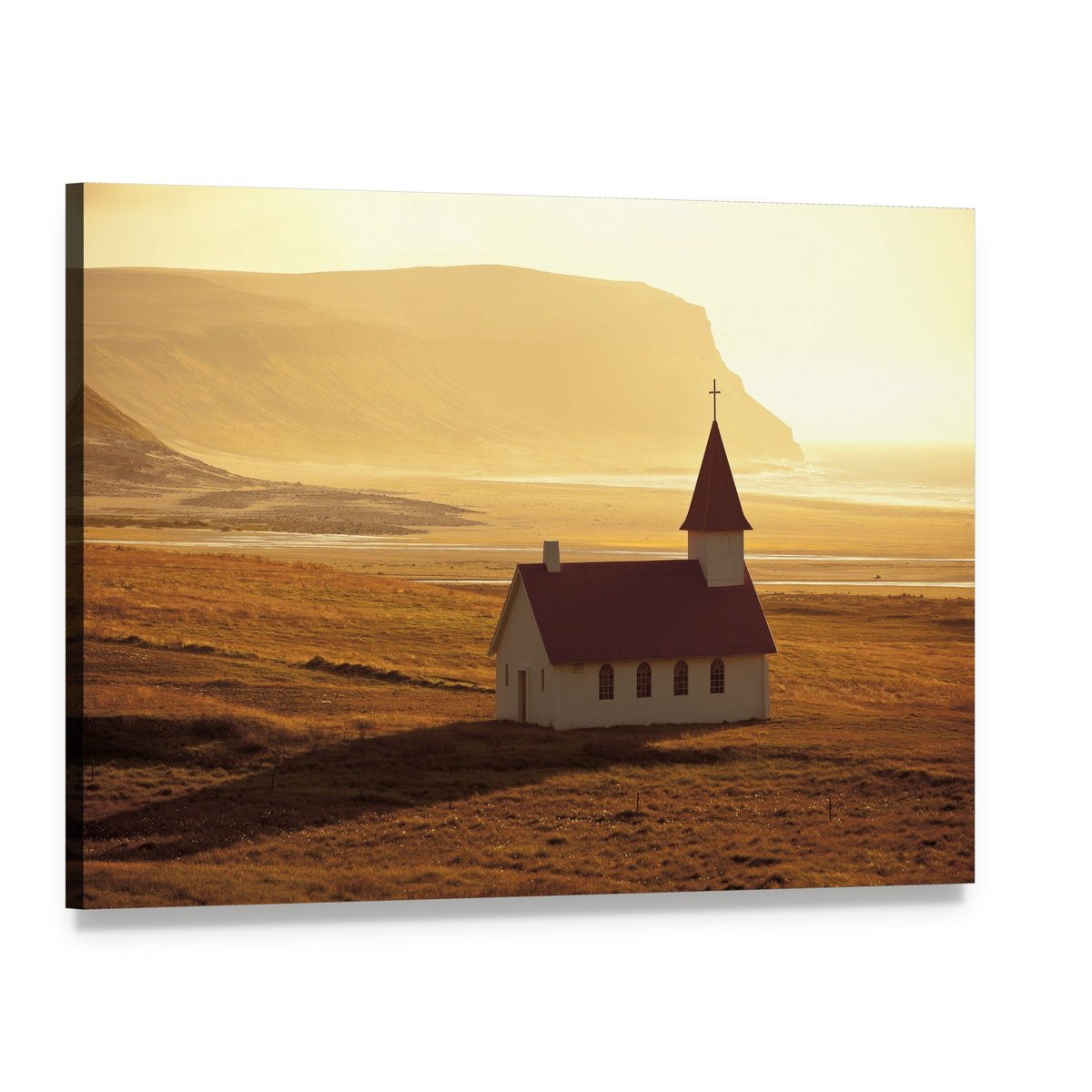 Icelandic Church at Golden Hour Canvas Wall Art, single panel gallery wrapped canvas, angled product view