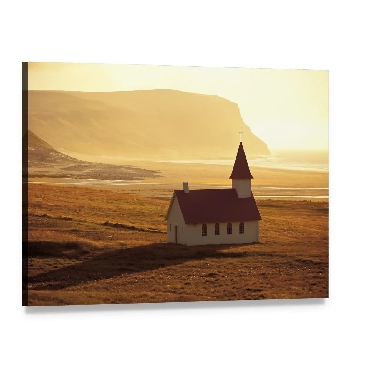 Icelandic Church on Rugged Coast at Golden Hour Canvas Wall Art, single panel gallery wrapped canvas, angled product view