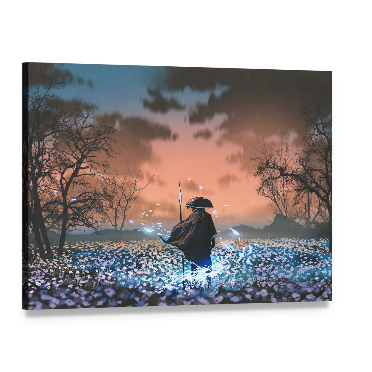 Ancient Samurai in Flowered Meadow Canvas Wall Art, single panel gallery wrapped canvas, angled product view