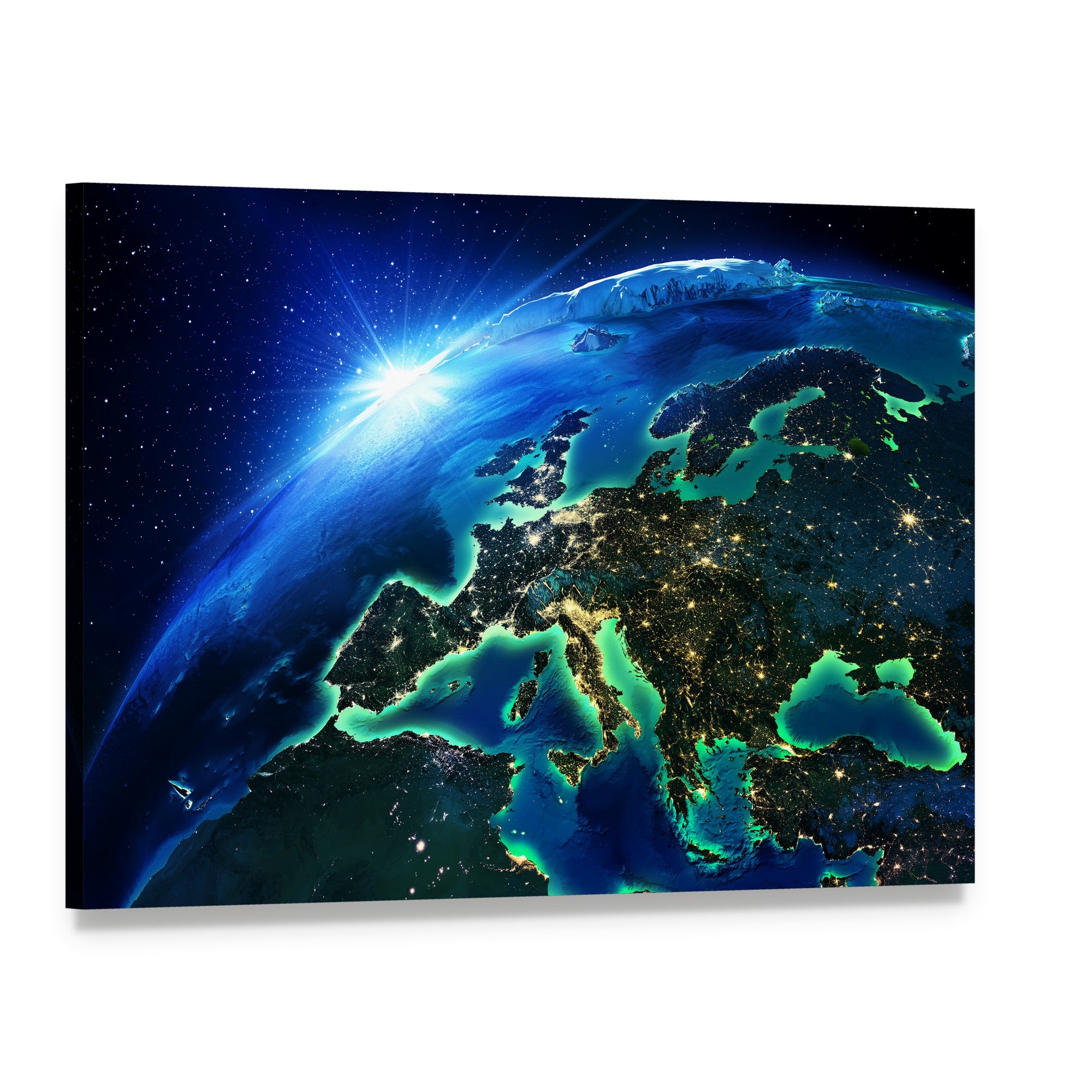 Europe from Space Canvas Wall Art, single panel gallery wrapped canvas, angled product view