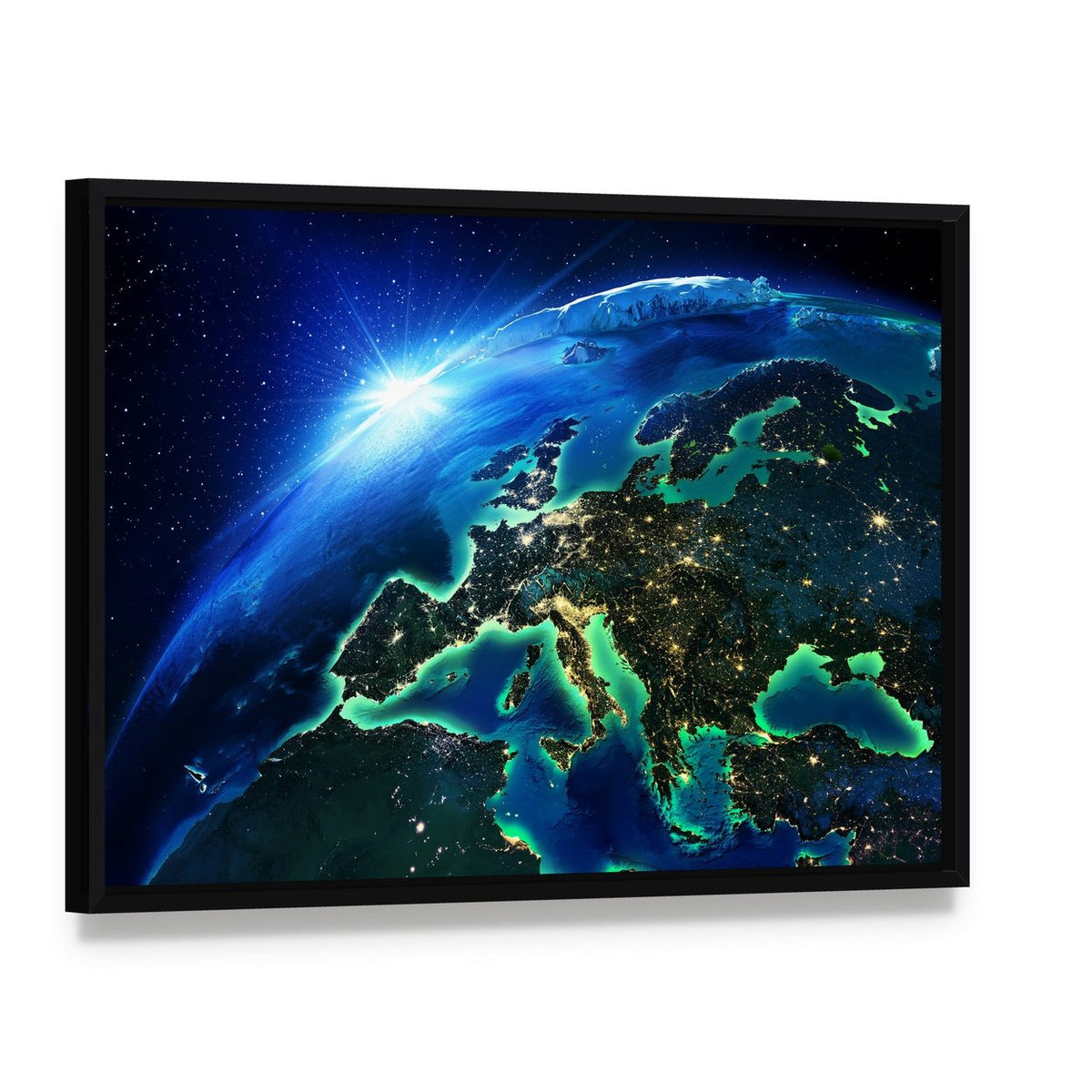 Europe from Space Canvas Wall Art, framed canvas in a black floater frame, angled product view