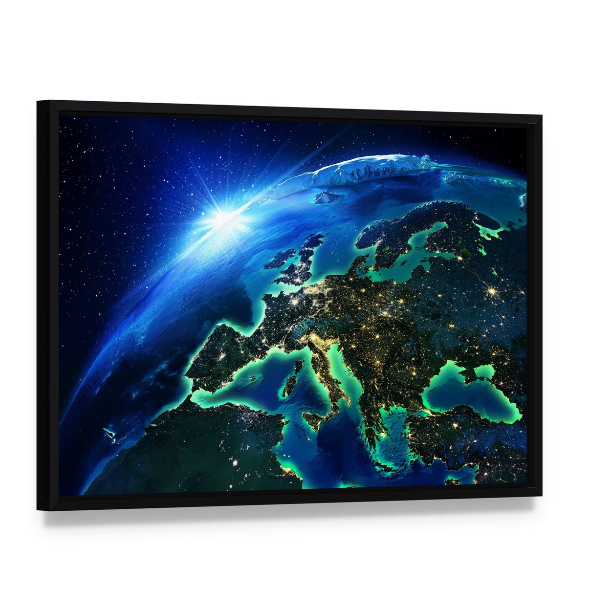Europe from Space Canvas Wall Art, framed canvas in a black floater frame, angled product view