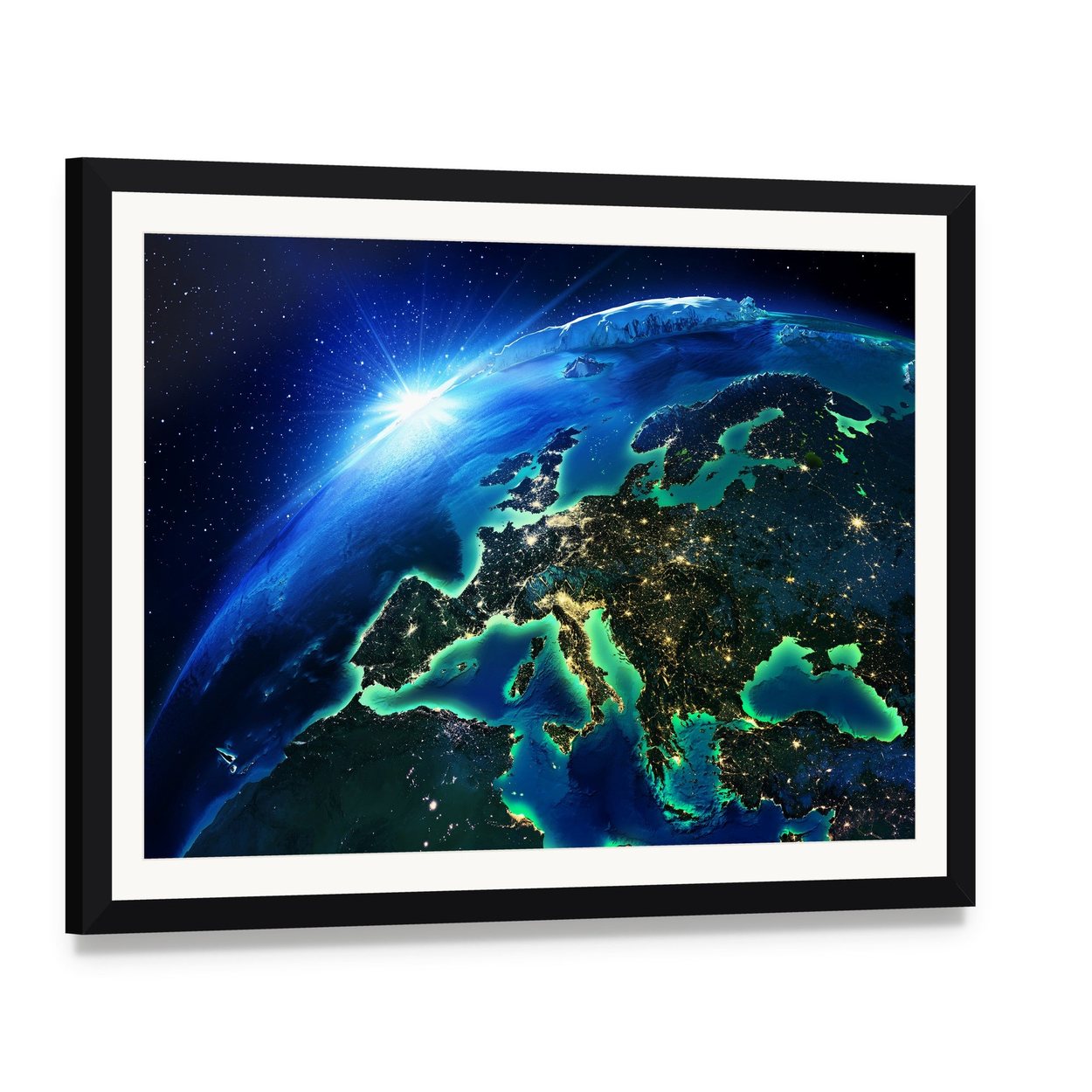 Europe from Space Canvas Wall Art, framed print with white mat and black frame, angled product view