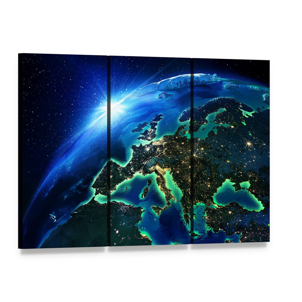 Europe from Space Canvas Wall Art, 3 panel 3 Horizontal layout gallery wrapped canvas set, angled product view