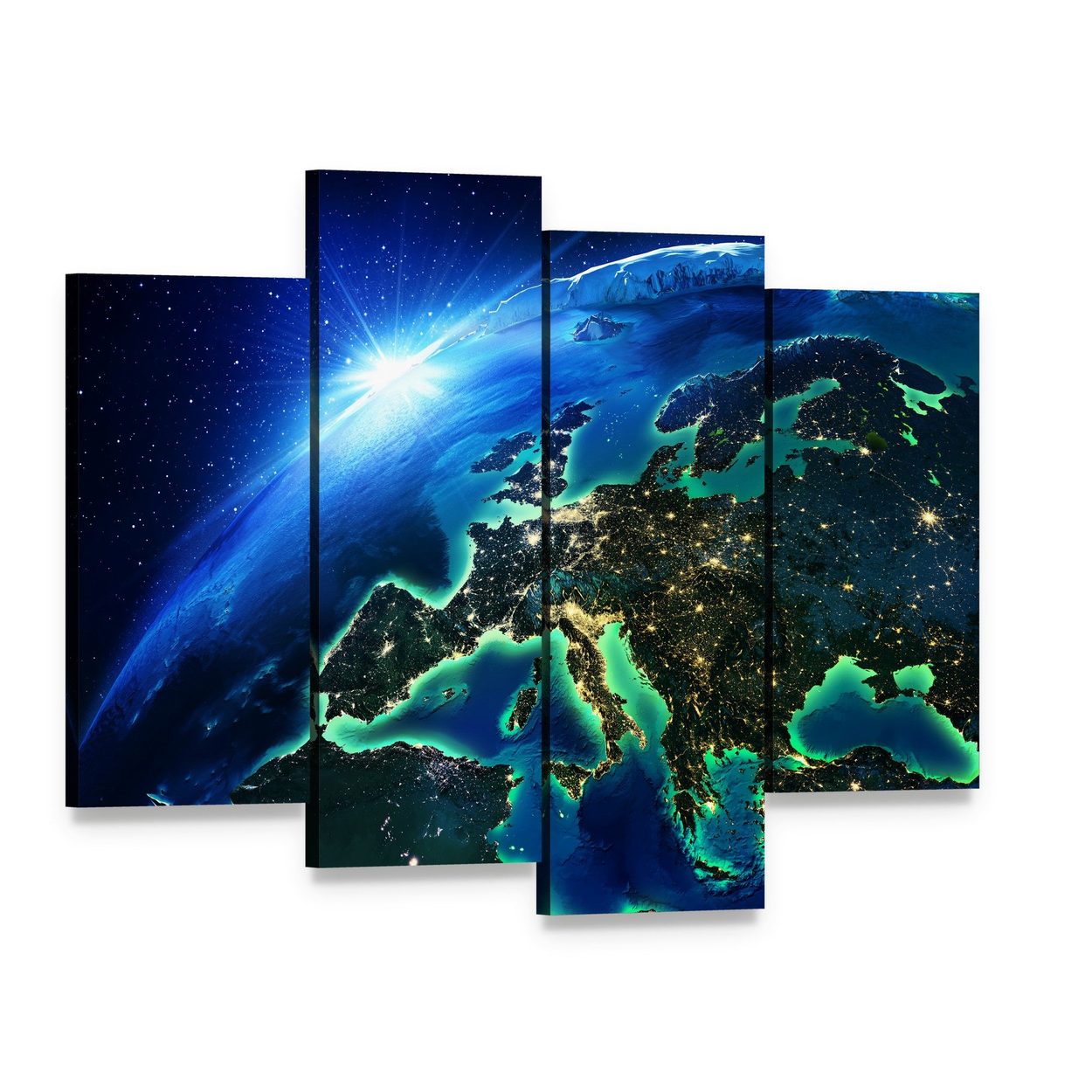Europe from Space Canvas Wall Art, 4 panel 4 Pop layout gallery wrapped canvas set, angled product view