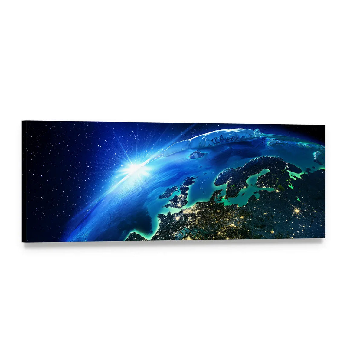 Europe from Space at Sunrise Panoramic Canvas Wall Art, single panel gallery wrapped canvas, angled product view