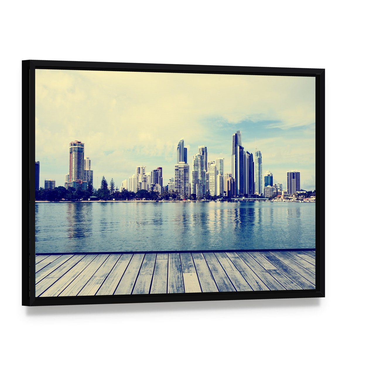 Gold Coast City Skyline with Wooden Pier Canvas Wall Art, framed canvas in a black floater frame, angled product view