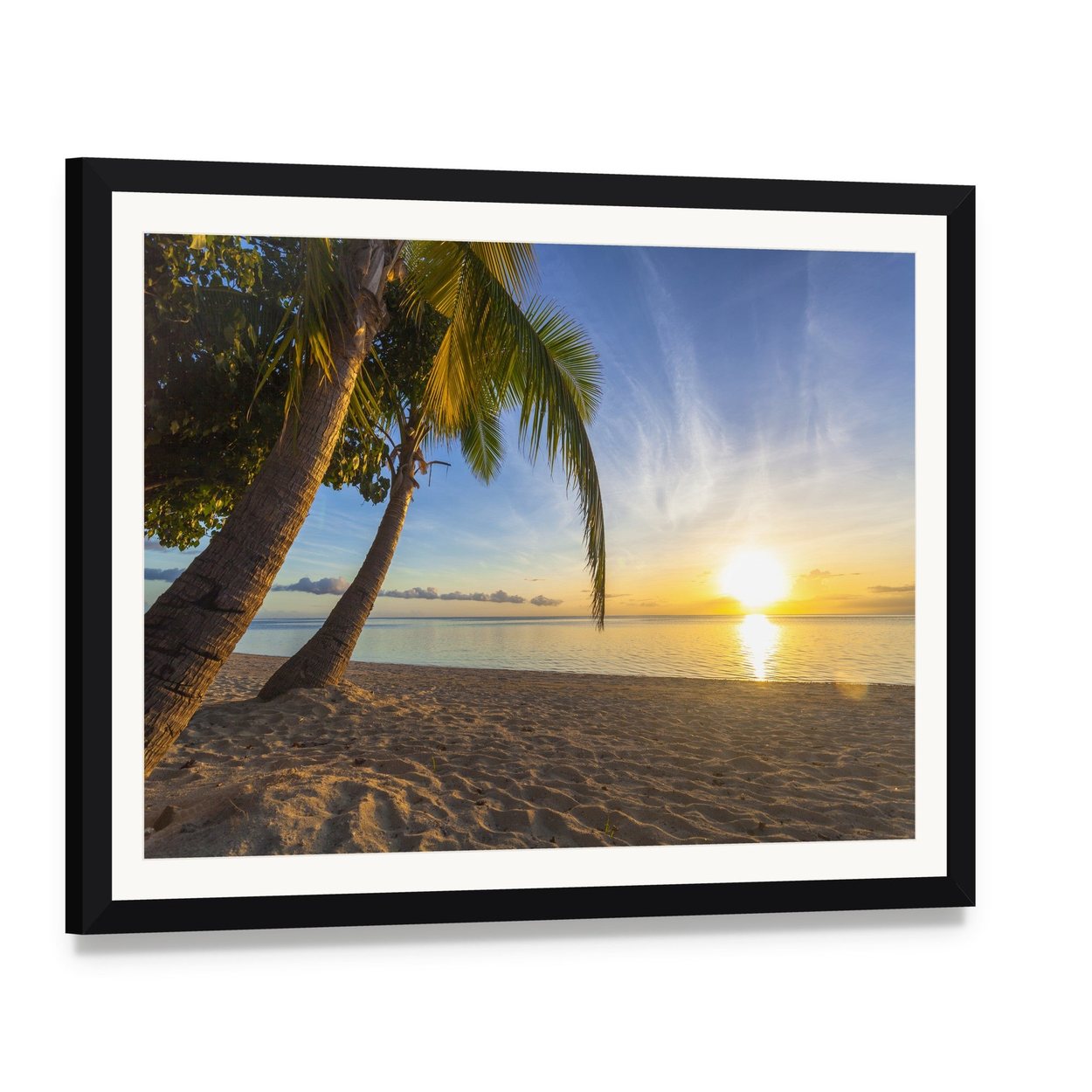 Sunset Over Tropical Fiji Beach Canvas Wall Art, framed print with white mat and black frame, angled product view