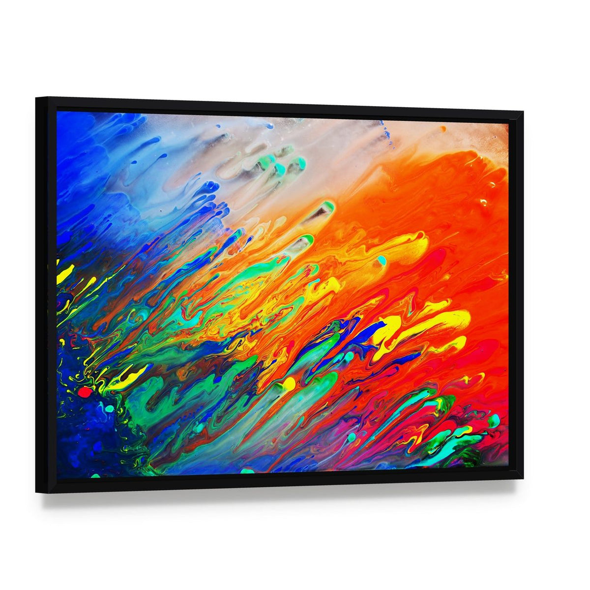 Colorful Abstract Acrylic Canvas Wall Art, framed canvas in a black floater frame, angled product view