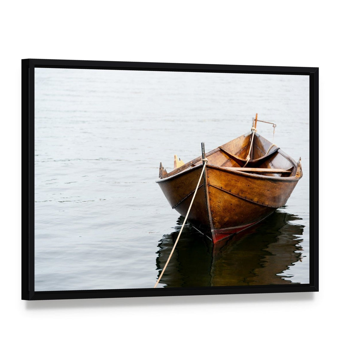 Old Wooden Row Boat Canvas Wall Art, framed canvas in a black floater frame, angled product view