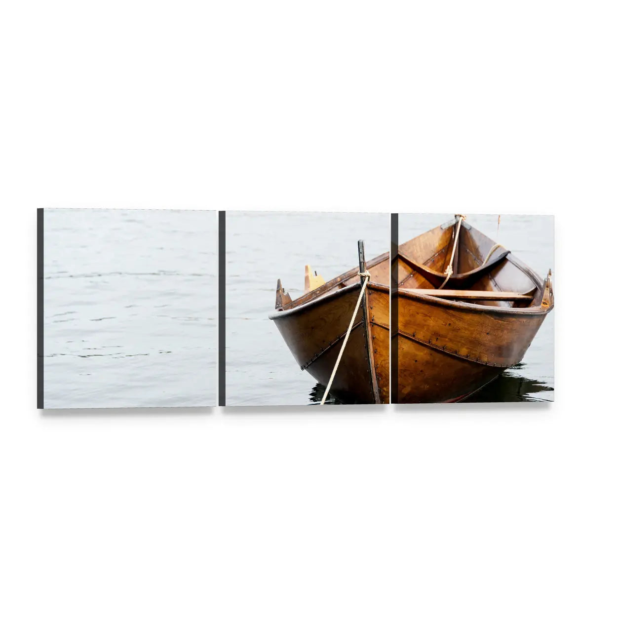 Old Wooden Rowboat on Calm Water Panoramic Canvas Wall Art, 3 panel 3 Piece layout gallery wrapped canvas set, angled product view