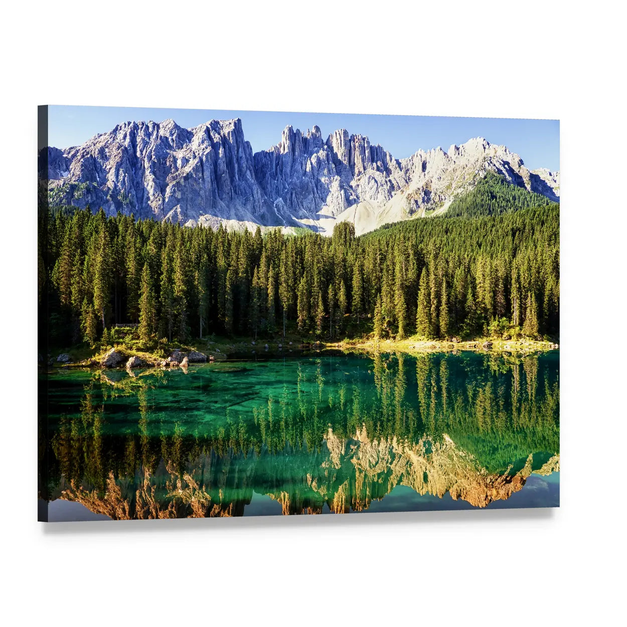Karer Lake Alpine Reflection Canvas Wall Art, single panel gallery wrapped canvas, angled product view