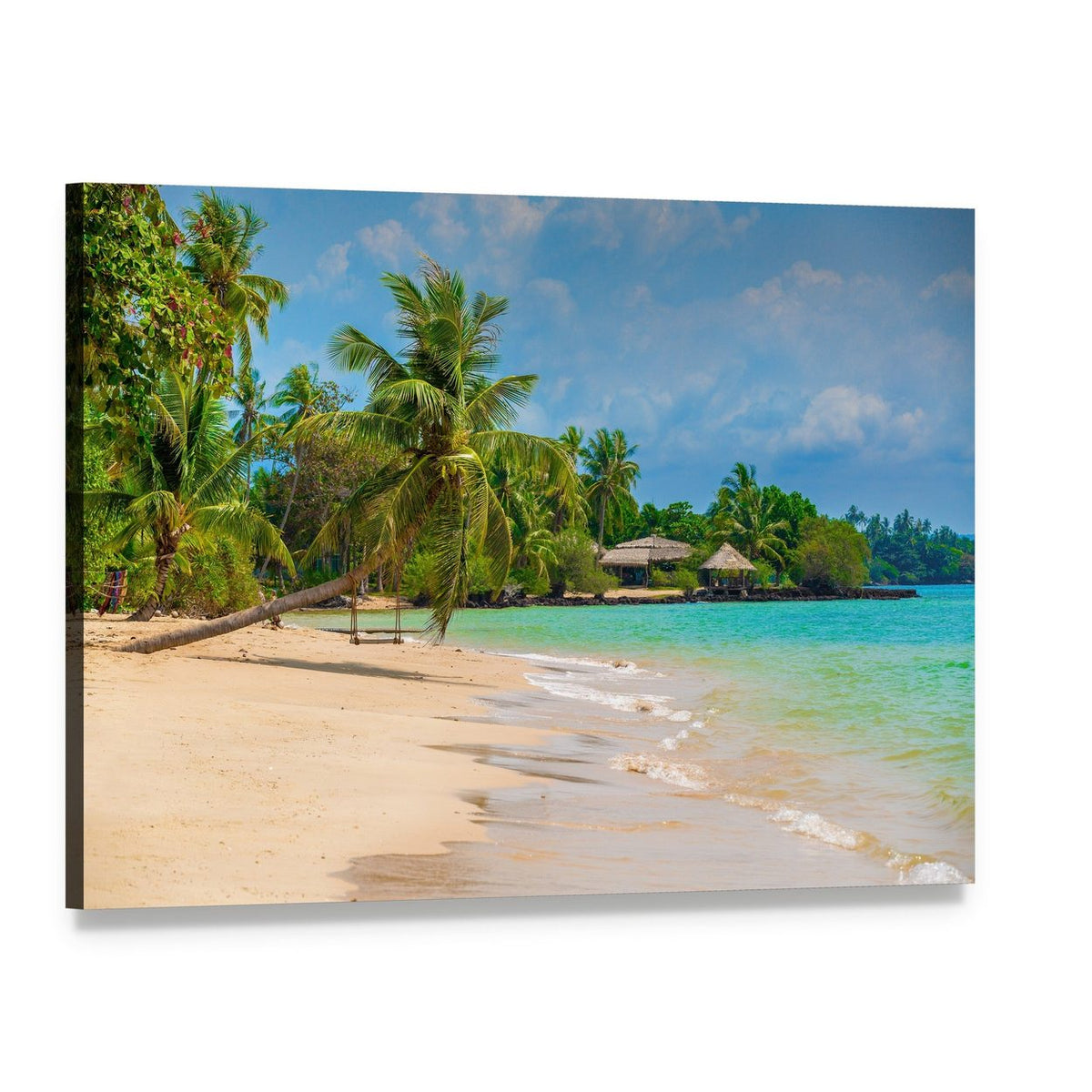 Tropical Beach with Palm Trees and Bungalows Canvas Wall Art, single panel gallery wrapped canvas, angled product view