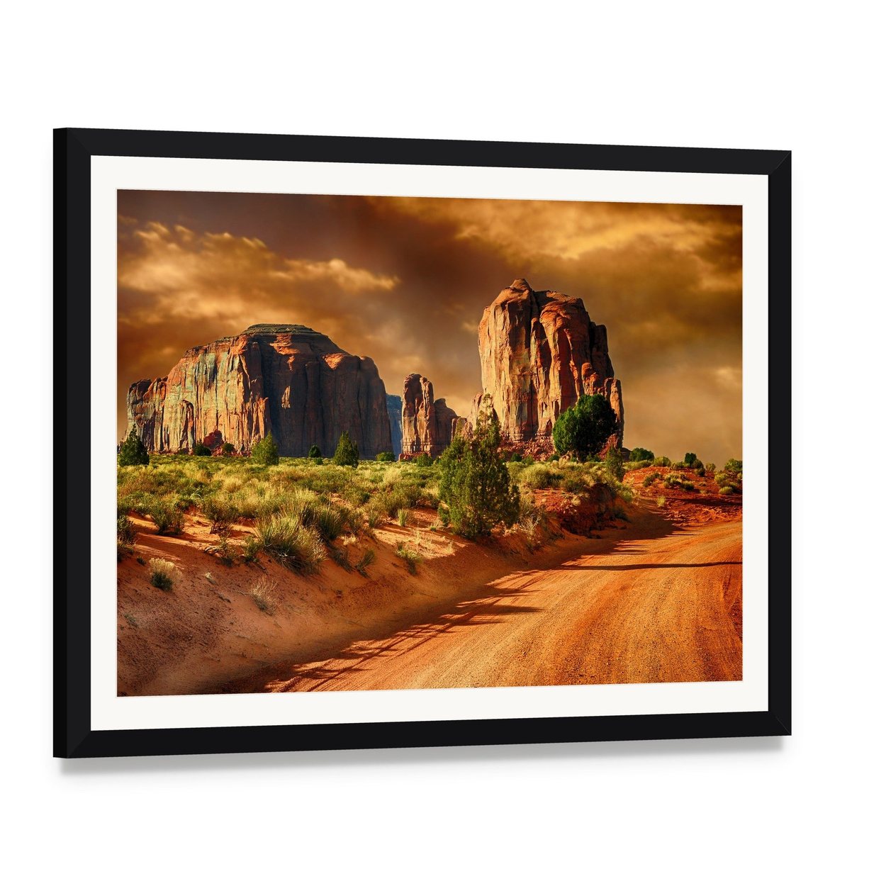 Road Through Monument Valley Canvas Wall Art, framed print with white mat and black frame, angled product view